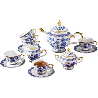Bone China Tea Set for 6, Blue and White Tea Set for Adults, Vintage Floral Tea Sets for Women Tea Party or Gift Giving