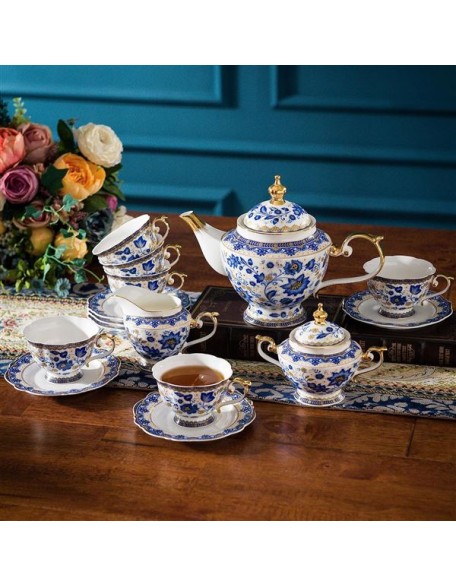 Bone China Tea Set for 6, Blue and White Tea Set for Adults, Vintage Floral Tea Sets for Women Tea Party or Gift Giving