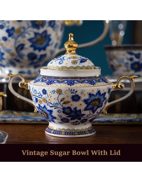 Bone China Tea Set for 6, Blue and White Tea Set for Adults, Vintage Floral Tea Sets for Women Tea Party or Gift Giving