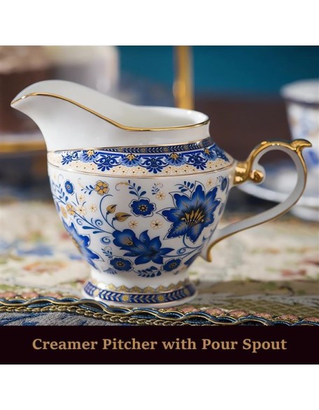 Bone China Tea Set for 6, Blue and White Tea Set for Adults, Vintage Floral Tea Sets for Women Tea Party or Gift Giving