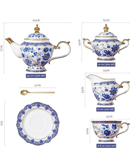 Bone China Tea Set for 6, Blue and White Tea Set for Adults, Vintage Floral Tea Sets for Women Tea Party or Gift Giving