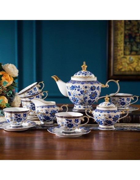 Bone China Tea Set for 6, Blue and White Tea Set for Adults, Vintage Floral Tea Sets for Women Tea Party or Gift Giving