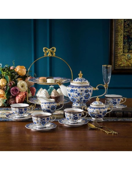 Bone China Tea Set for 6, Blue and White Tea Set for Adults, Vintage Floral Tea Sets for Women Tea Party or Gift Giving