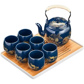 Porcelain Tea Set Japanese Tea Set, China Tea Cups with 6 Tea Cups 1 Teapot with 1 Saucers Tea Gift Sets for Great Gift Adults Tea Party Coffee Milk-Blue-A (Color : Blue, Size : A)