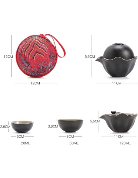 Portable Chinese Travel Tea Sets, Handmade Ceramics Teapot with Travel Bag, 3 Teacups, for Family Gathering Portable Chinese Travel Tea Sets,Black with Tea cans (Color : Black with Tea Cans) (Red)